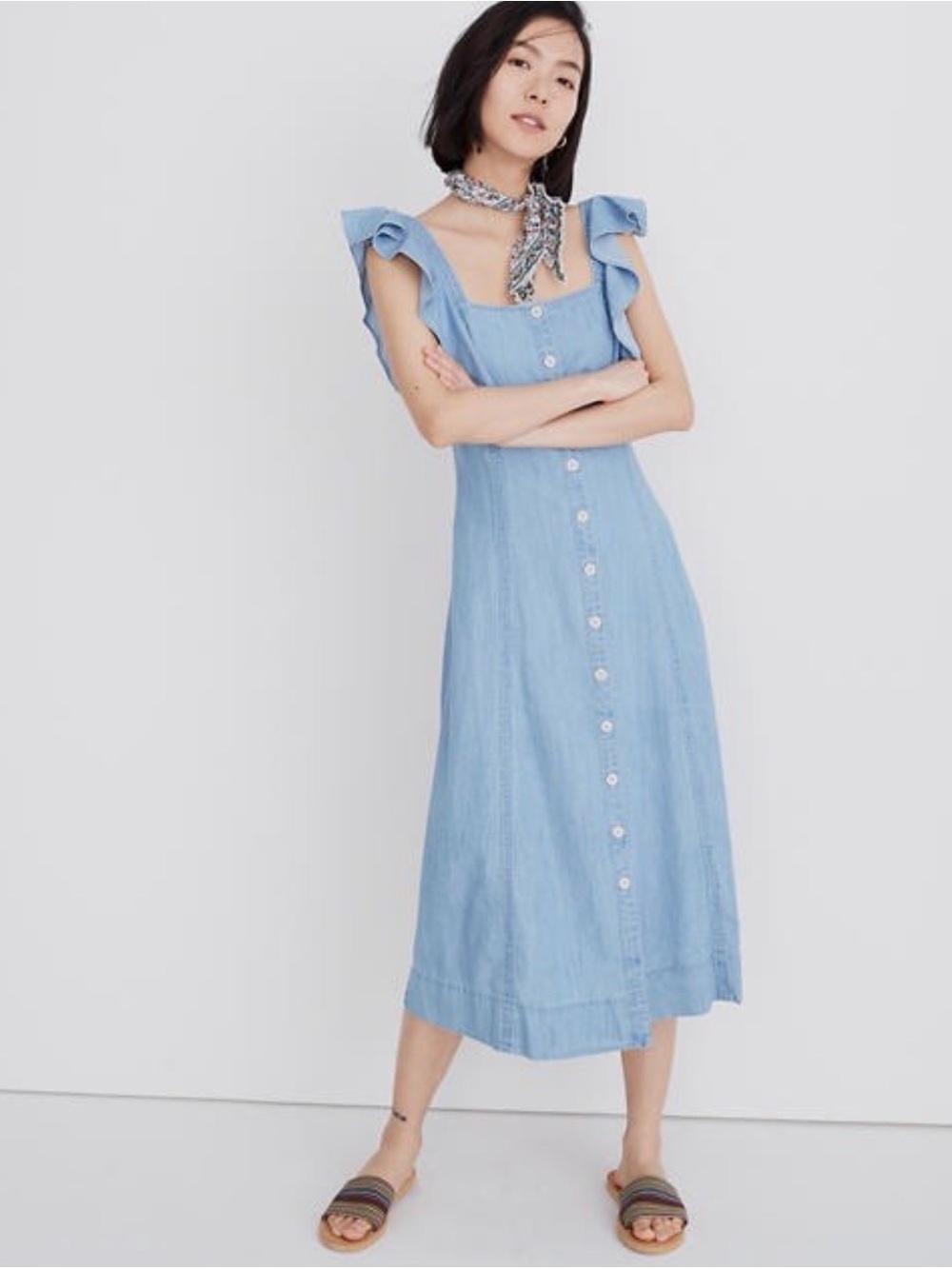 Madewell Denim Princess Seamed Midi Dress Sz 00 MSRP $128 EUC